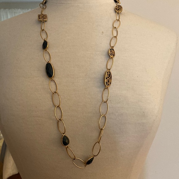 Gold necklace, with green stones - Picture 1 of 5